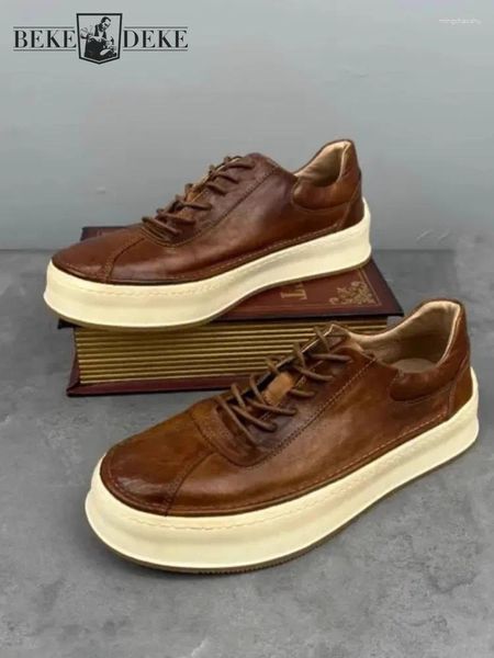 Scarpe casual design vintage piattaforma fatta a mano uomini piatti oxfords allacciati in piedi tondo in pelle di cavallo vera pelle