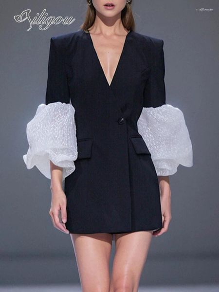 Lässige Kleider Ailigou 2024 Sommer Frauen Mode Sexy Slim Fit Bubble Sleeves Single Button Anzug Mini Kleid