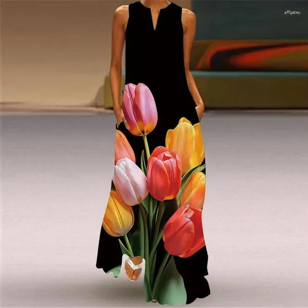 Lässige Kleider A-Line Langes Kleid für weibliche Frühlingsfrüchten ärmellose Blumendruck V-Ausschnitt Slim Fashion Chic Elegant Frauen