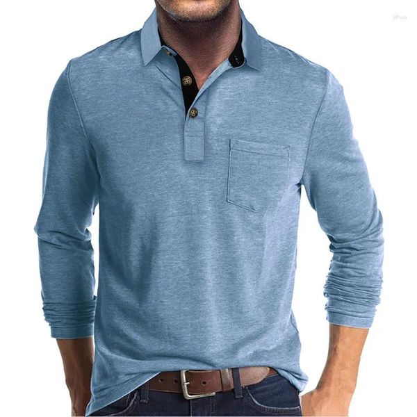 Herren Polos Herbst Winter Winter Langschläfe Lupe Pocket T-Shirt Solid Farbe Schlankes fites Bodenhemd atmungsable Polo