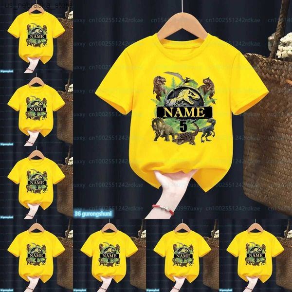 T-shirts Novo vendendo a quente Jurassic Park Birthday Presente de aniversário 1-10 camisetas divertidas dinossauros camisetas meninos camisetas infantis roupas de idade, nome da anotação, personalização q240418