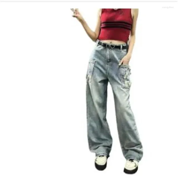 Jeans femininos azul vintage Baggy Women Streetwear Pockets Wide Leg Fonts Chants High Straight Denim Troushers 2024
