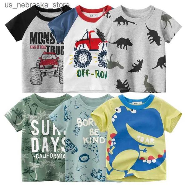 T-shirt 2024 Summer Boys maglietta da cartone animato Dinosauro T-shirt a maniche corte a stampa piena Abbigliamento in cotone abiti per bambini abiti da tops Q240418