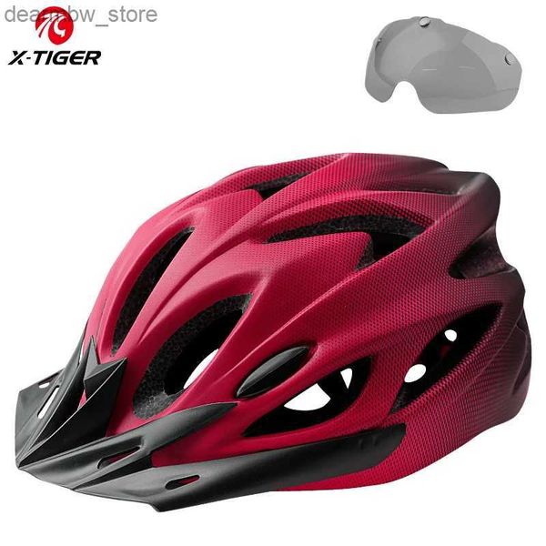 Cycling Caps Masken X-Tiger Radsporthelm Integral geformtes Fahrradhelm LED-Leuchten MTB Bike Helm Ultraleicher Sport sicherer Hut mit Schutzbrillen Visor L48