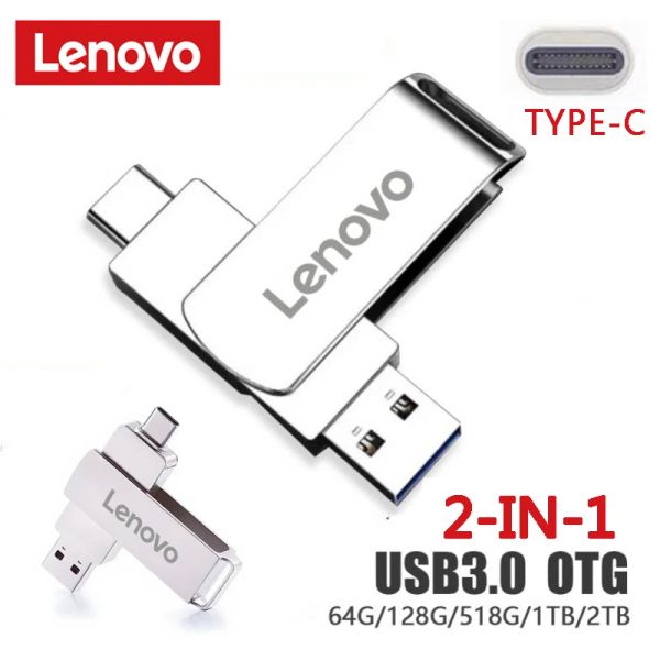 Adaptador Lenovo 2tb USB 3.0 Flash Drive OTG TypeC 2 em 1 Alta velocidade 1 TB 512 GB Memória de caneta Stick Pendrive Adaptador de metal U Presente de disco U Metal U Presente de disco