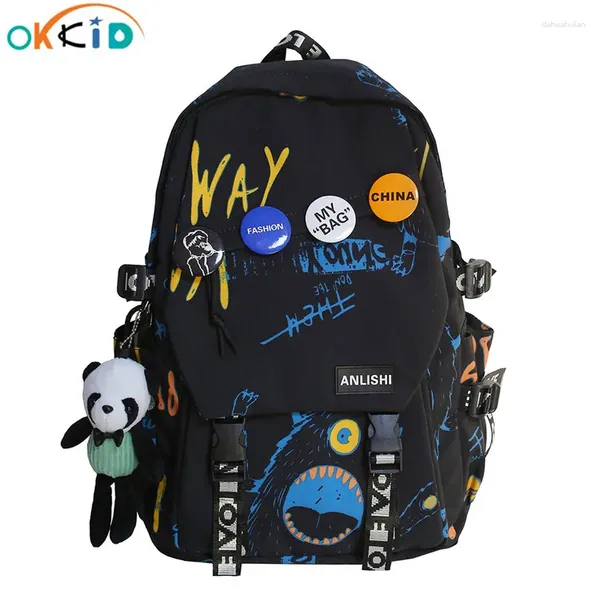 Backpack Okkid Middle School for Boys Cool Graffiti Men Trendy Travel Badge College Girl Boy Student Book Bag