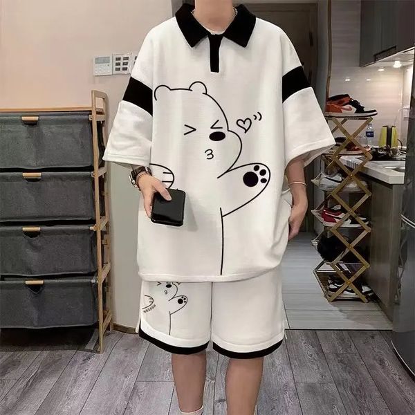 Sommer Männer Tracksuit Japan Cartoon Streetwear Cool Bär gedruckt Waffel Shirts Shorts 2 Stück Set Hip Hop Casual Short Anzug 2024 240416