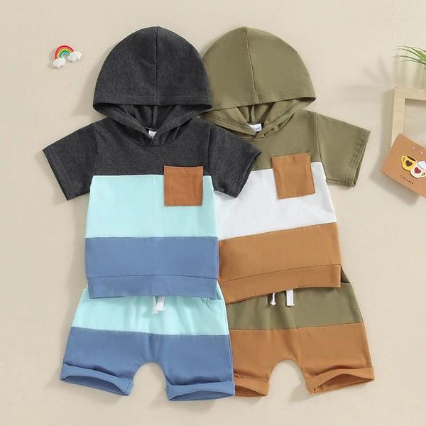 Giyim Setleri Toddler Çocuk Bebek Erkekler Yaz Kıyafetleri Kontrast Renk Kısa Kol Cep Kapşonlu Tişörtler Elastik Şort Plaj Giysileri