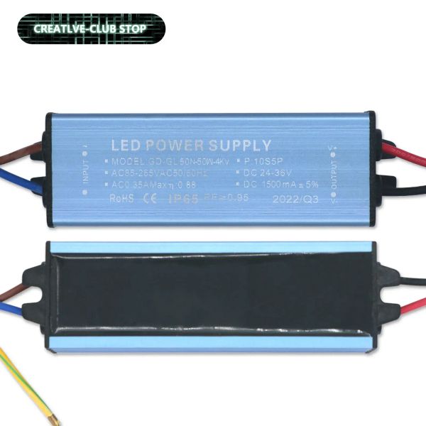 Transformers Driver LED 50W 1500mA Transformador de adaptador à prova d'água AC85V265V para DC2436V Alta qualidade Supplência de alimentação IP65 para holofote