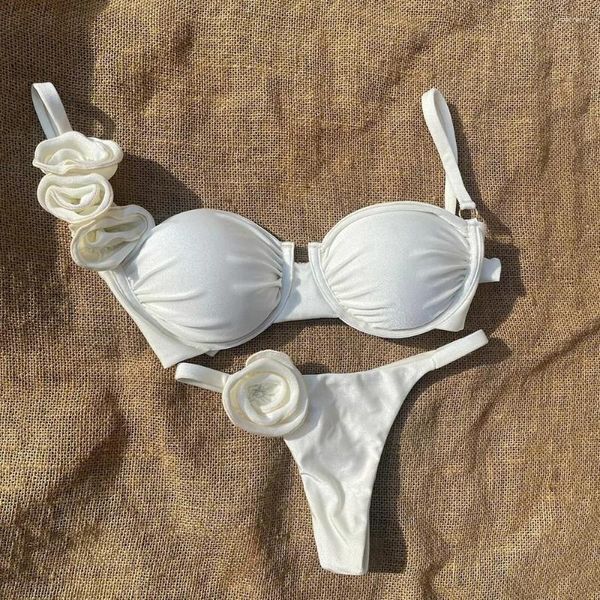 Женские купальные бикини набор сексуального 3D цветочный белый 2024 Женщины отталкивают микрофтонные купальники купание костюма с морщинистыми бикини мужар