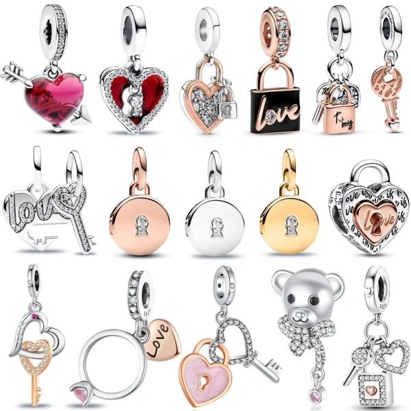 925 STERLING SLATER FIT Women Charms Bracelets Charme Padlock de ouro rosa e charme da chave do amor