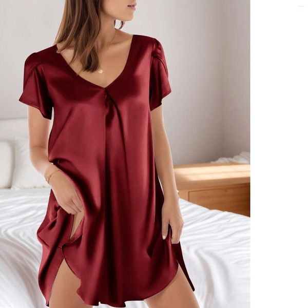 Sıradan Elbiseler İpek Saten Kadın Nightgown Katı Kıyafet Kısa Kollu V Boyun Gevşek Uyaran Homewear Yaz Nightwear Elbise Pijamalar