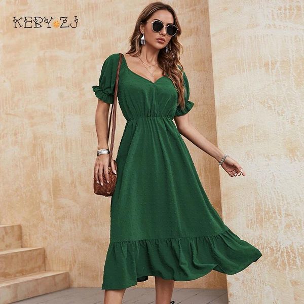 Partykleider Frauen Kurzarm Urban Midi Sommer Rüschen Chiffon Elegant lässige grüne weibliche Kleidung V-Ausschnitt Langes Kleid Vestidos