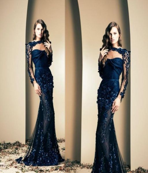 Ziad Nakad 2020 sexy Promi -Kleid Mermaid sehen durch lange Ärmel Applikationen Abendkleider Trompete Prom Kleider Party Navy9235556