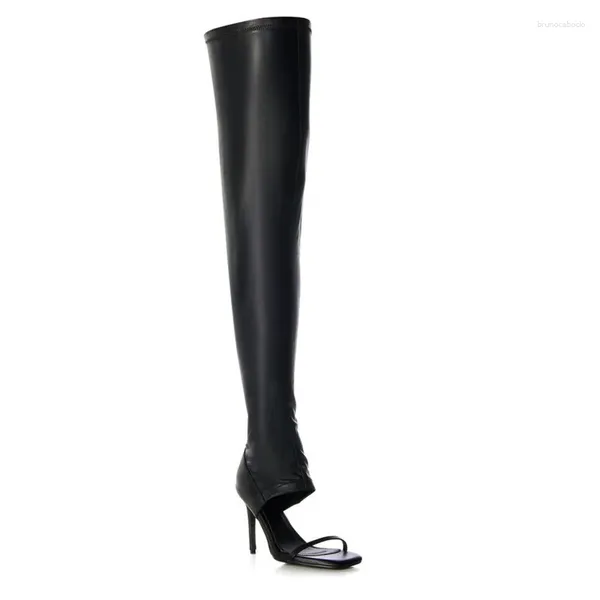 Stiefel 2024 schwarz offener Zeh kalt über dem Knie Sexy Stiletto Heels Frauen lange Mode Frauen Sandalen Sandal