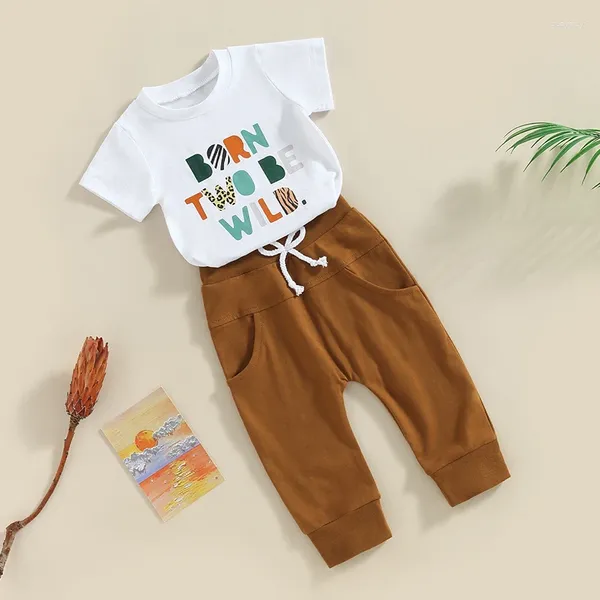 Set di abbigliamento rwybeyw bambino bambino primo compleanno outfit wild uno due tre camicie a maniche corte top pantaloni da jogger marrone