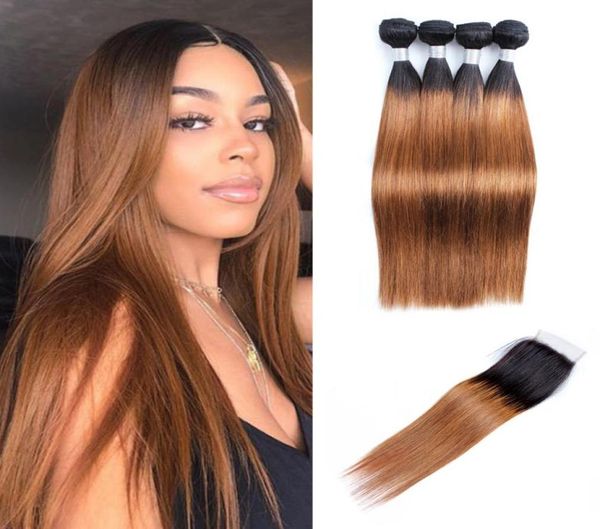 Kuss Haar t 1b 30 dunkle Wurzelmedium Auburn Sraight Ombre menschliches Haar Gewebe 4 Bündel mit Spitzenverschluss brasilianischer Haarverlängerungen 7687885