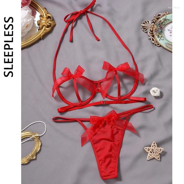 Bras setleri seksi iç çamaşırı kadınlar kırmızı bowknot erotik iç çamaşırı içi boş sutyen tanga kiti kadın bandaj yular trukett seks takım elbise