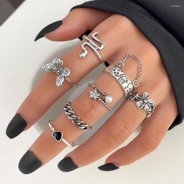 Rings de cluster Daxi 2024 KPOP Gótico Gótico Crânio Coração Punk Anel para Mulheres Meninas Moda Vintage Acessórios de Jóias