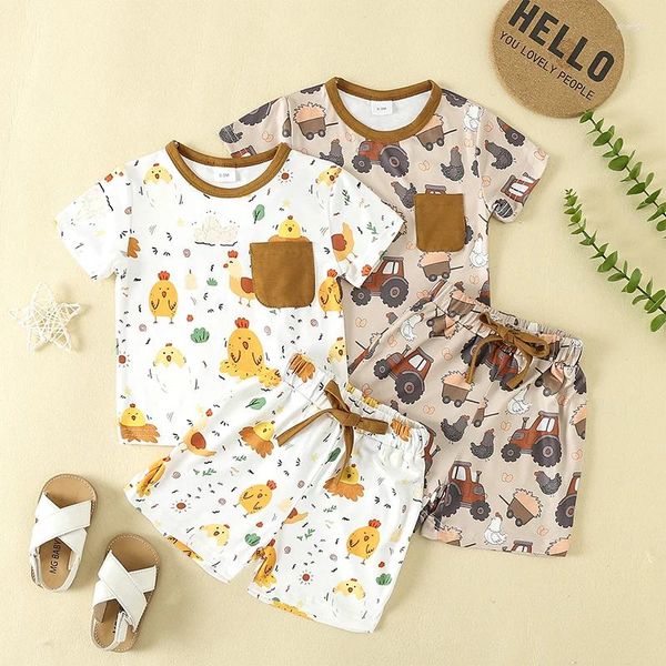 Set di abbigliamento pudcoco toddler boy ragazza estate abiti carini fattoria per pollo per bambini set t-shirt fumetto a maniche corte e pantaloncini 2 pezzi 3m-3t