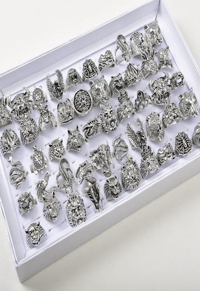 50pcslots Tierringe Vintage Punk Gothic Mix Dragon Wolf Tiger Hund Löwen Owl Mix Style Metallschmuck für Männer Frauen2947368