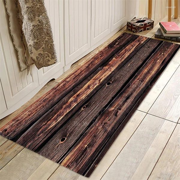Teppiche dunkelbrauner alter Holzbrettdruckflanell -Kithchen Teppiche saugfähiger super gemütlicher Teppich für Zuhause mit Nicht -Slip -Rücken