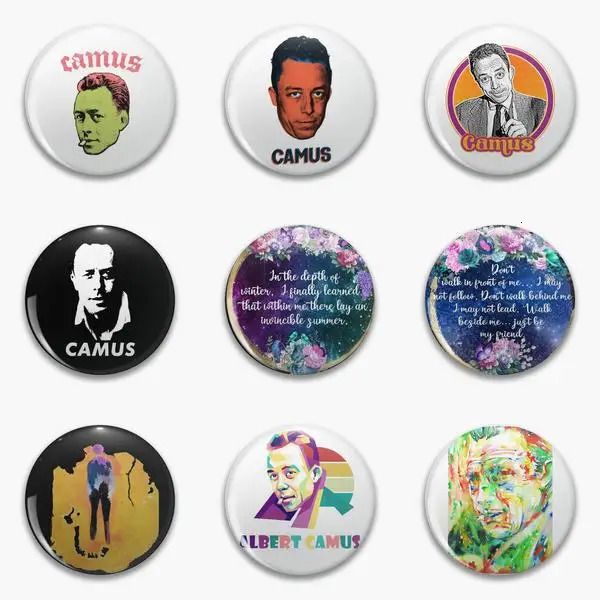 Albert Camus Button Soft Pin Funny Creative Decor Distranim Mulheres de desenho animado Presente de roupas fofas amante de metal chapéu de broche 240412