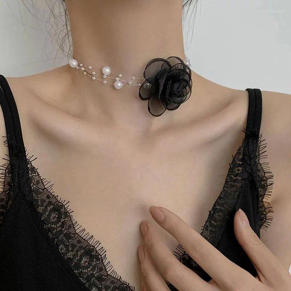 CHOKER ORGENZA Floral Pearl Sweet Fairy Rose Collear Countrace имитация цепь INS Party Colerarbone Ювелирные изделия