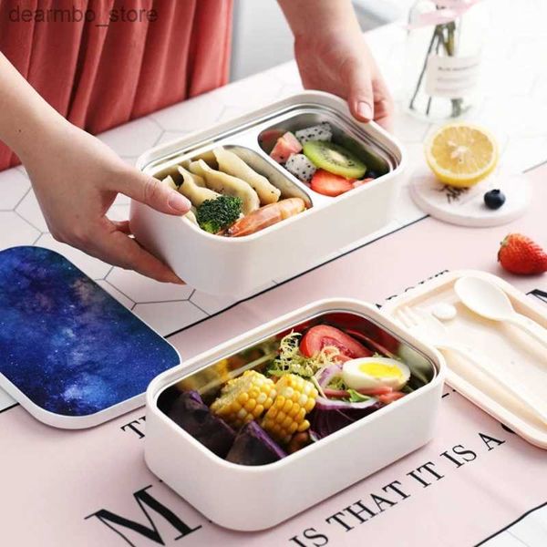 Bento Boxes Микроволновая двойная ланч -коробка с нержавеющей стали PP Bento Box Portable Contable Dropping L49