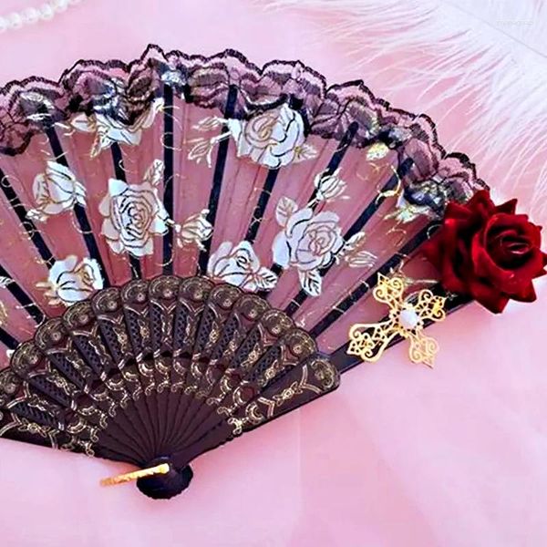 Dekoratif figürinler 1pc retro dantel fan katlanır el hayranları siyah parti malzemeleri kırmızı gül cosplay lolita muhteşem gotik