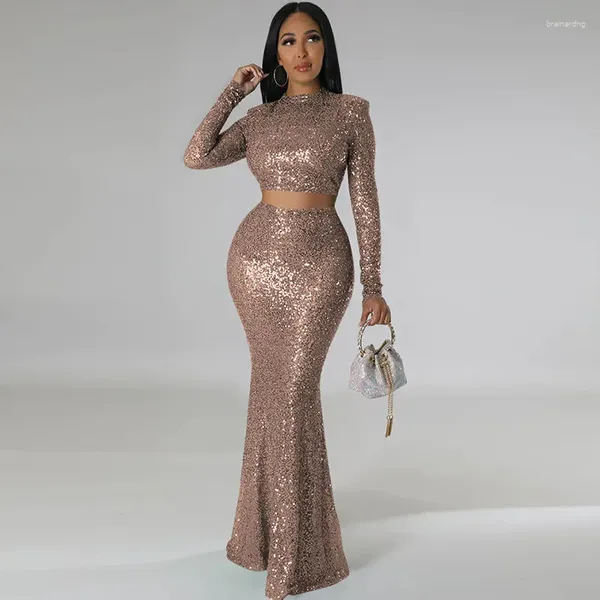 Vestidos de trabalho elegantes lantejoulas de celebridades Maxi Conjuntos de vestidos para mulheres Noite de boate Top e sereia Long Skyt Glitter Club Roupfits