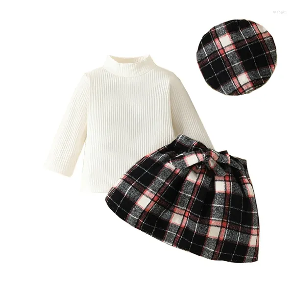 Set di abbigliamento Autunno inverno bambina set a maniche lunghe Turtleneck Tee Ploid Skirt Beret 3Piece da 6 mesi a 3 anni vestiti per bambini