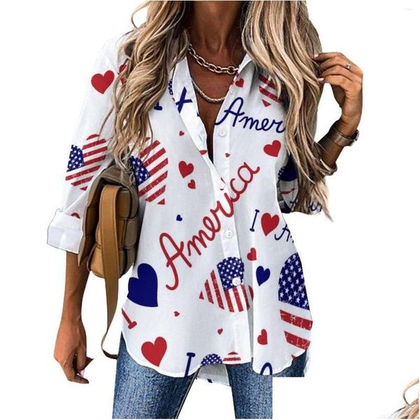 Bloups Womens camisas Blusa da bandeira americana I Love USA Stars And Stripes Kawaii Casual Mulheres Casuais Longo Manga Longa Drop de Demas de Dhas9