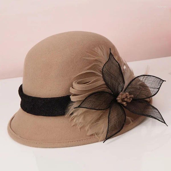 Beralar H733 Fedoras Hat Kadın Sonbahar Kış Dome Retro Yün Hisset Kısa saçak iplik Havzası Cap Lady Elegant Sıcak Şapkalar