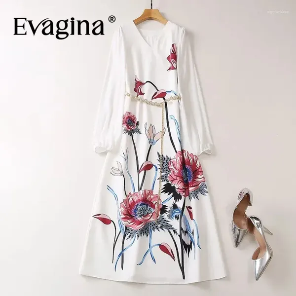 Vestidos casuais evagina moda feminina lanterna em vil de mangas longas pérolas elegantes elegante doce sweet office lady white midi vestido