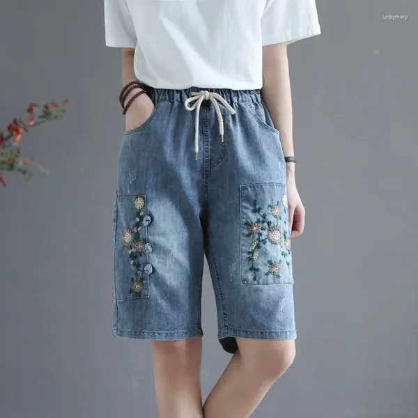 Женские джинсы летние женщины винтажные цветочные брюки вышивки Capris Высокая джинсовая джинсовые шорты Женская Длина колена