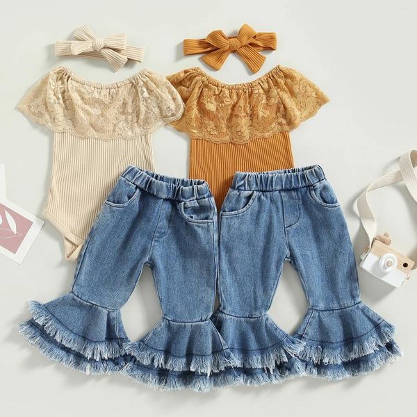 Roupas Conjuntos de roupas Meninas de verão Summer Summer Set Fashion Fashion Sleess Lace Macacper com Slare Tasselled e Roupas de Banda