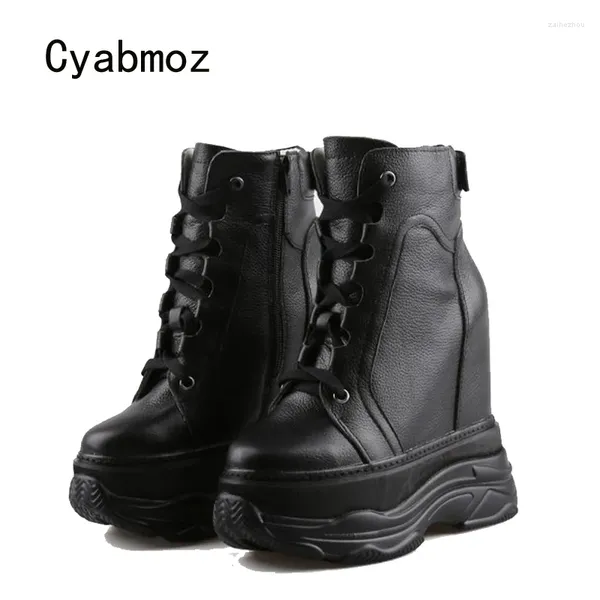 Kleiderschuhe Cyabmoz Frauen Knöchelstiefel Echte Lederhöhe zunehmende Plattform versteckte High Heels Party Damen Casual Sneakers