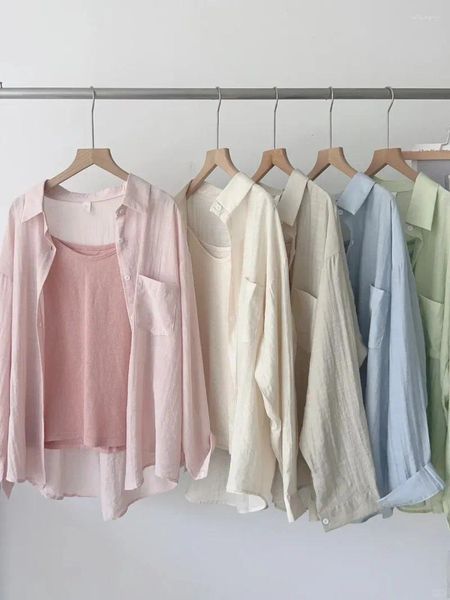 Женские блузки корейские сплошные тонкие тонкие рубашки с длинным рукавом Женщины Ранние весна 2024 Свободная рубашка для похудения Сквара