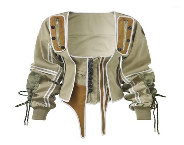Winter Trendy Ladies Jacket Runway Tops Mantel Windbreaker Patchwork Baumwollarmee Grüne unregelmäßige Vintage -Schnüre -up -Korsett Jacke16092256