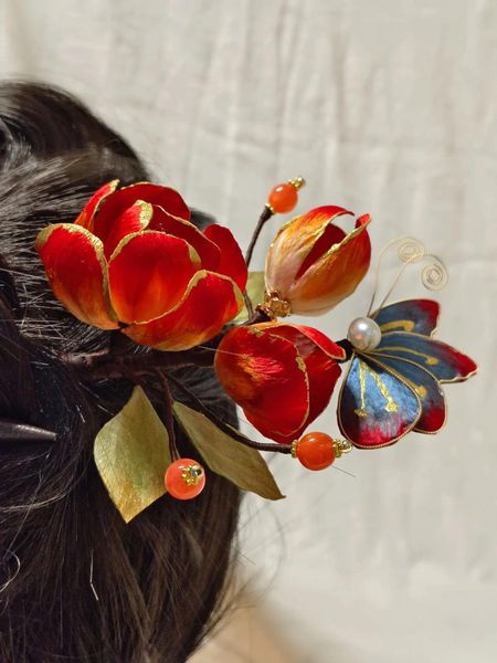 Clip per capelli Velvet Flower Cloisonne Peony Hairpin in stile cinese Ming Han Accessori abbigliamento Accessori fatti a mano Pin updo fatti a mano