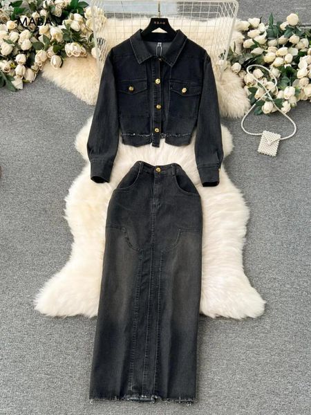 Abiti da lavoro 2024 Fashion Women Black Denim Due pezzi Set di giacche casual coreana gamba dritta golla lunga streetwear outfit senior