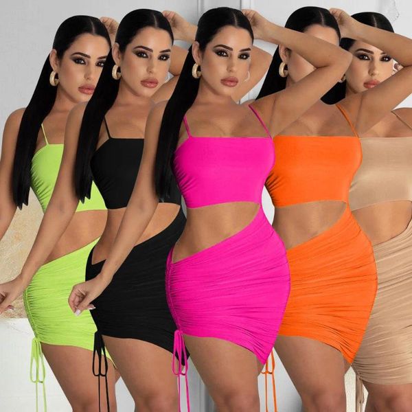 Lässige Kleider Skmy Mode Neon Kleidung 2024 Sommer Frauen Kleid sexy Spaghetti -Riemen Kordelstring Hohlkreice Out Solid Color Short