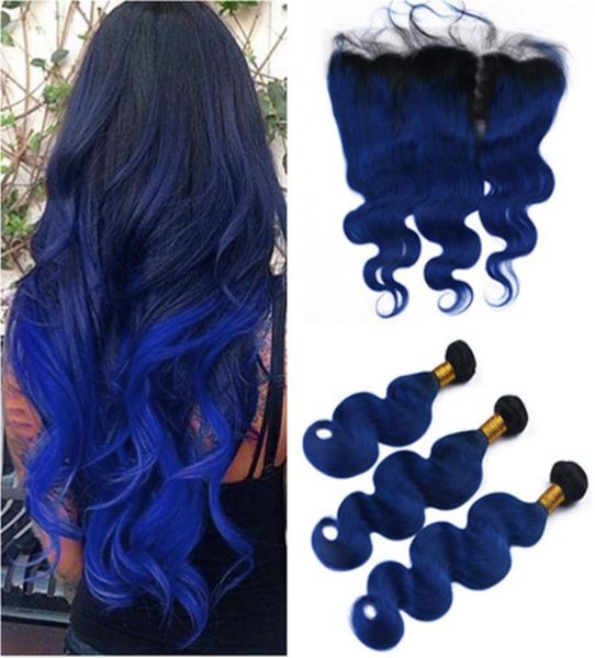 Ombre nero e blu scuro Ombre Malesias Wave Human Weave Bundles con 13x4 Fronto Full Frontal 1BBlue Oombre Virgin Hair Exte7345225