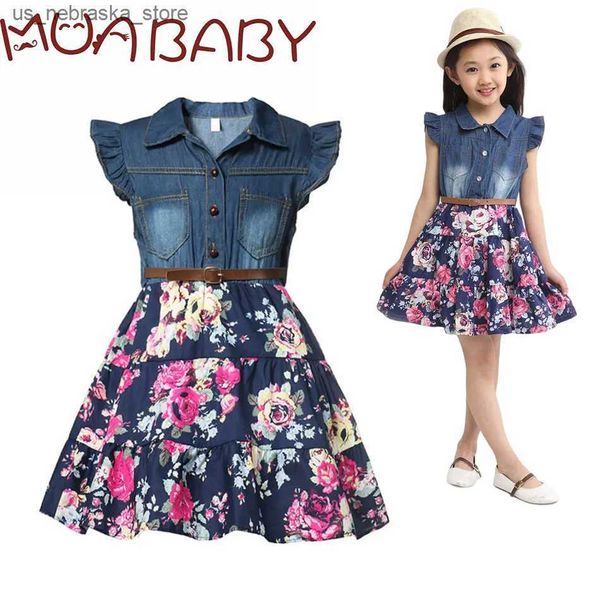 Mädchenkleider Sommer -Denim Kleid gebunden auf Knien Blumen Bottom Girl Casual Frosch 6 8 10 Jahre alte Kinder, die modische Kleidung täglich tragen, Q240418