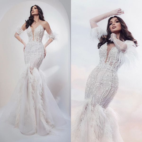 Luxury mermaid breitkleider schneckenhärme und brautkleid spitzen spitzen applikes feather speg fecken kleid kundengebundene vestidos de novia ohne Handschuhe