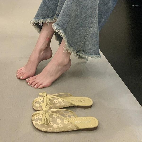 Hausschuhe flache Sandalen 2024 Sommer Sheer Ferse Spitzenunterstützung Schnürsenkel außerhalb Mädchen Frühling Römischrutsche Slipper Flats Frauen Frauen