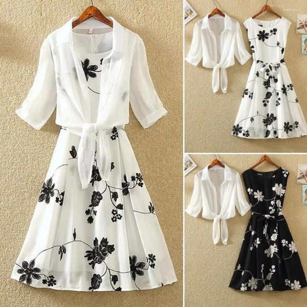 Vestidos de trabalho, vestido de vestido sem mangas, conjunto de estampa de flor retro feminina com cintura de cintura de renda para o cardigã 2 peças para o alto