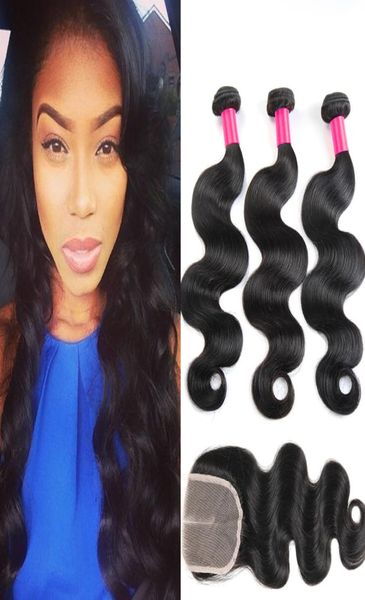 Fechamento brasileiro de renda com 7a Virgem Malásia Peruan Hair Weave Body Wave 3Bundles com fechamento de renda Cabelo brasileiro 5460364