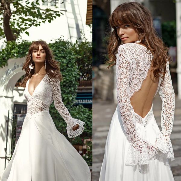 Elegante A-Line-Brautkleider gegen Nacken Langarmes Spitzen Applikationen Brautkleider Gespür gemachter Rückenless Sweep-Zug Garten Hochzeitskleid